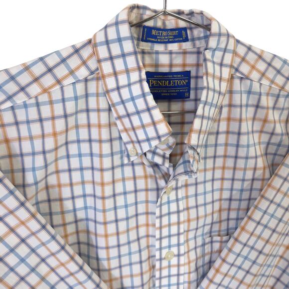 Pendleton Metro Shirt Mens M Blue Orange Plaid Wrinkle Resistant Long Sleeve - Picture 1 of 9